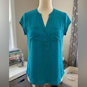 New York & Company Teal Split V-Neck Cap Sleeve Blouse